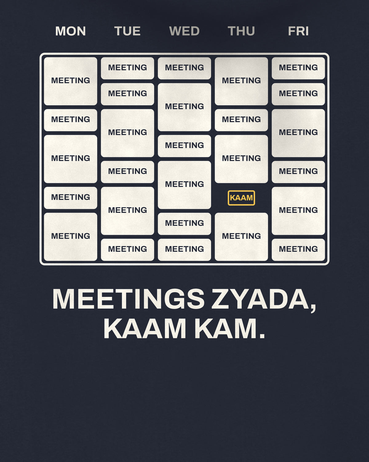 Navy blue oversized hoodie, close-up of the Meetings Calendar Office back print