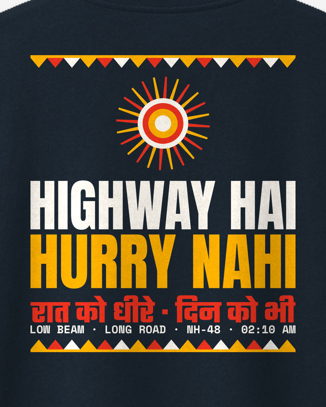 Navy Blue oversized t-shirt, close-up of the Hurry Nahi print