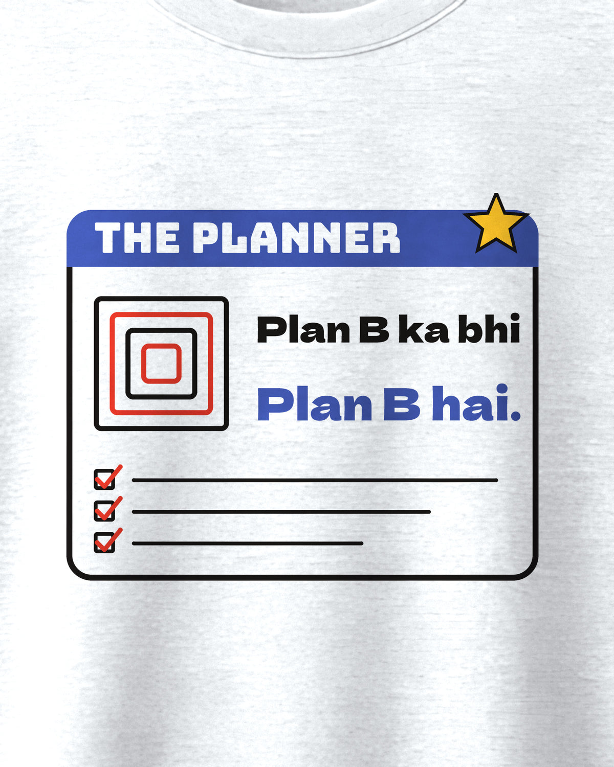 White oversized t-shirt, close-up of the The Planner print