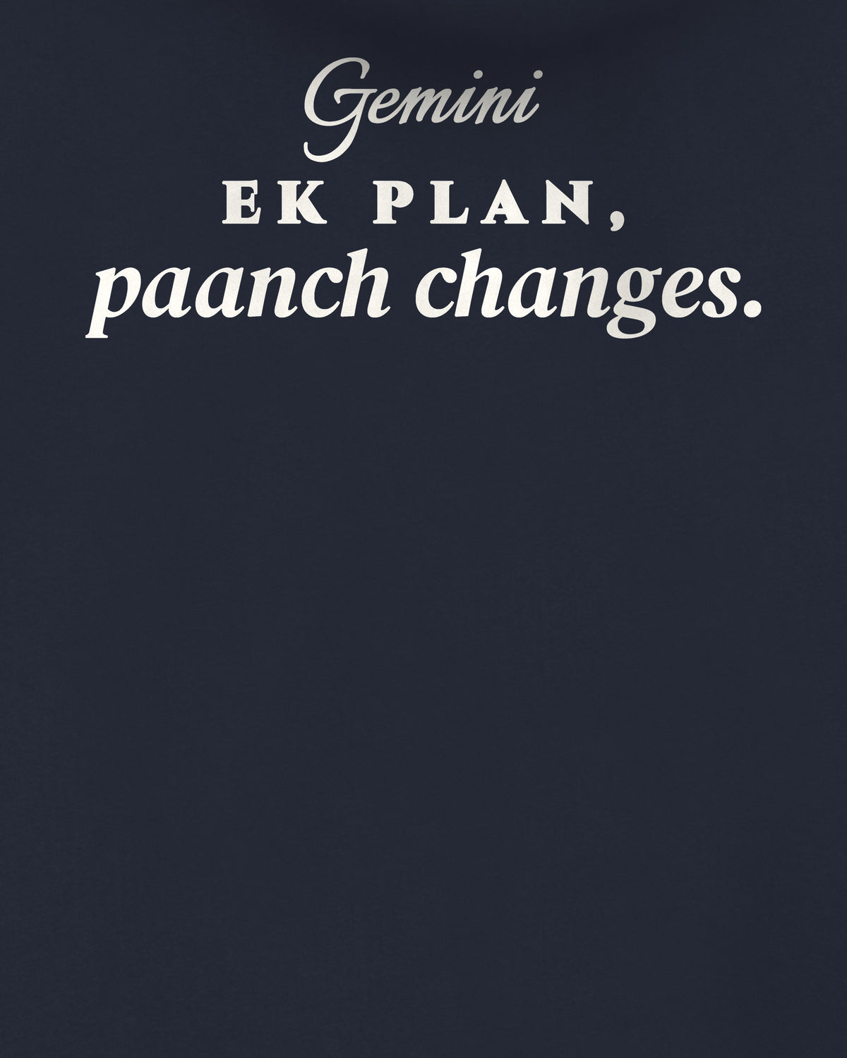 Navy Blue oversized hoodie, close-up of the back print reading Ek plan, paanch changes – digital mockup