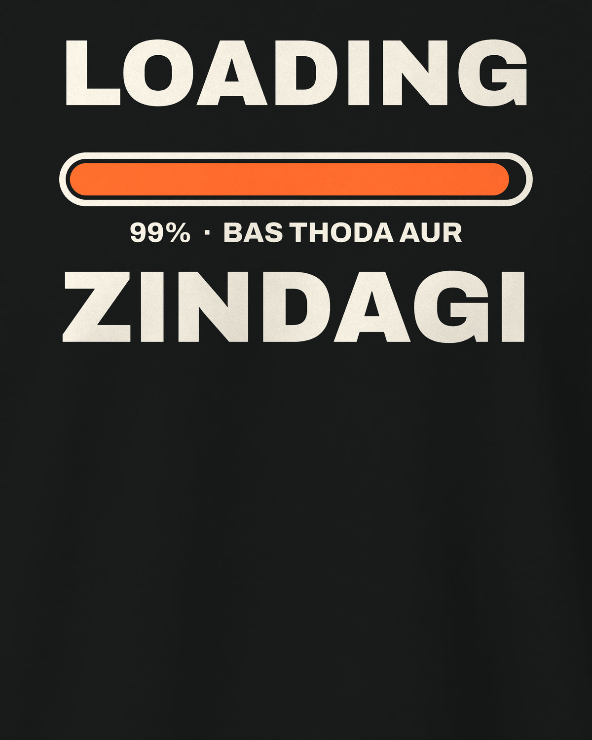 Black regular fit t-shirt, close-up of the Loading Zindagi 99% back print – digital mockup