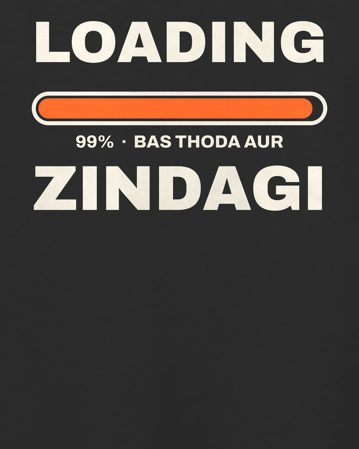 Black oversized t-shirt, close-up of the Loading Zindagi 99% back print – digital mockup