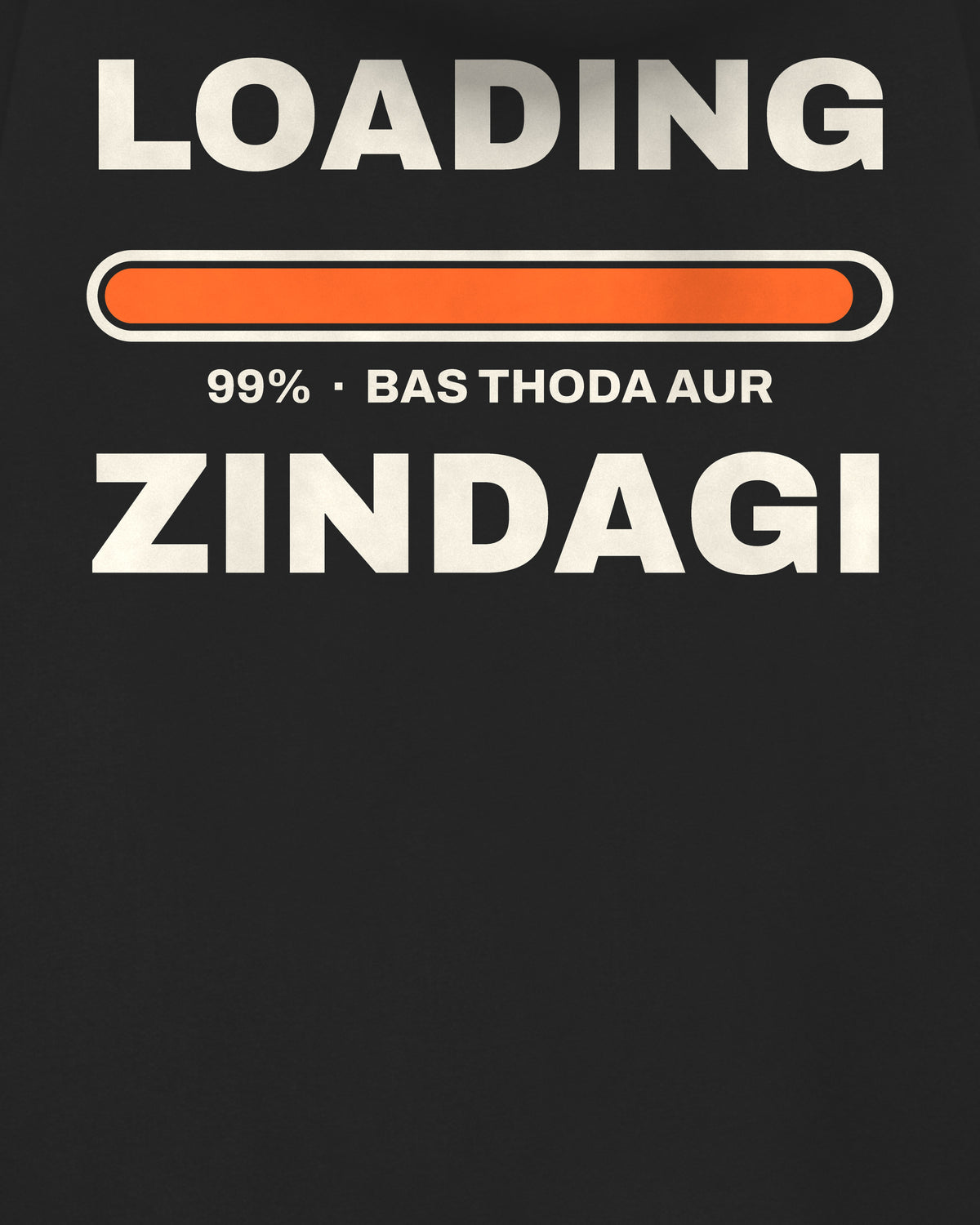 Black oversized hoodie, close-up of the Loading Zindagi 99% back print – digital mockup