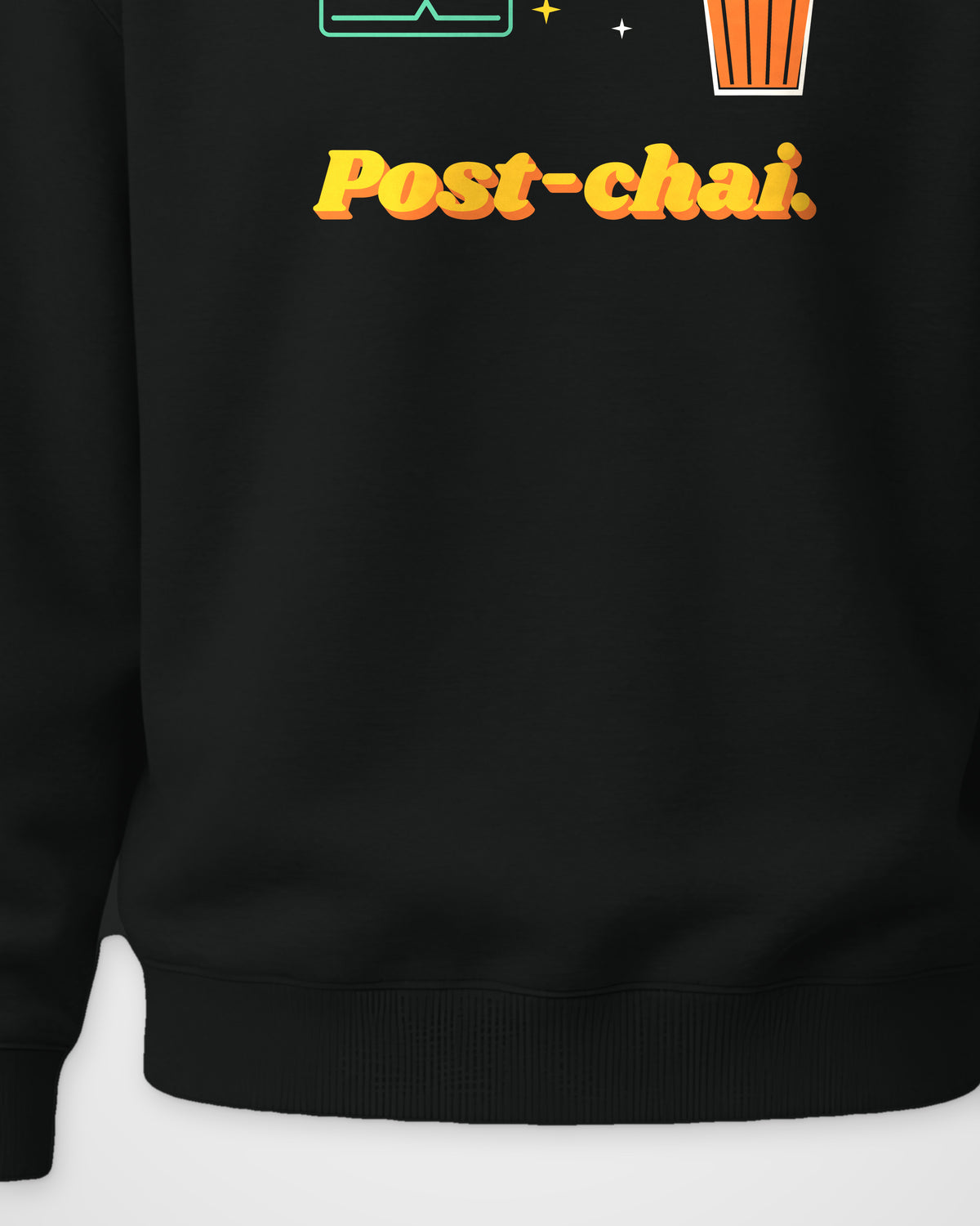 Black Crewneck Sweatshirt – Startup Chai Graphic Front Print – Unisex, detail