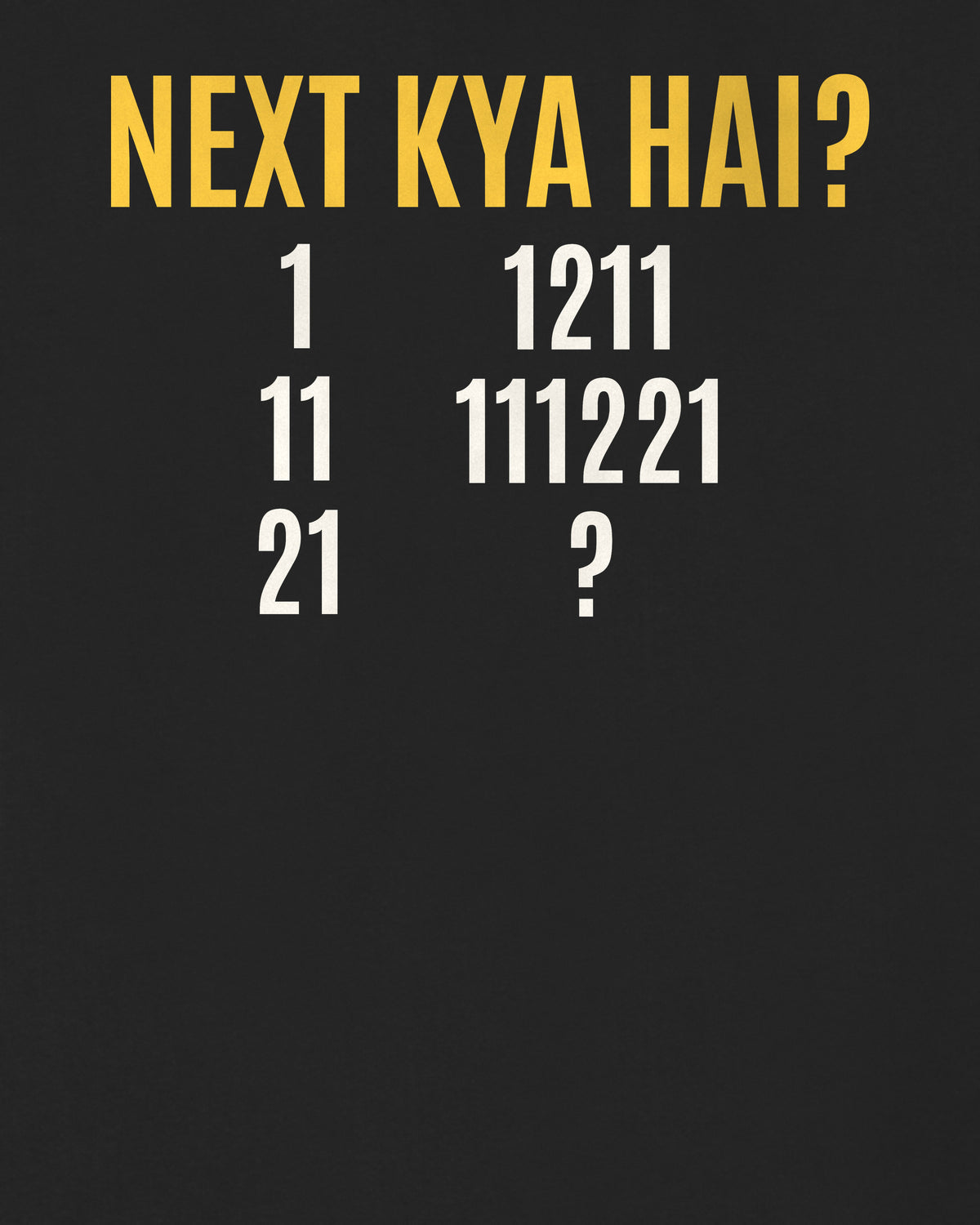Black oversized hoodie, close-up of the back puzzle print: Next kya hai? 1, 11, 21, 1211, 111221, ?