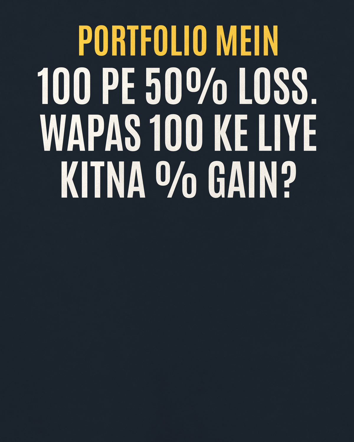 Navy Blue oversized t-shirt, close-up of the back puzzle print: ₹100 pe 50% loss. Wapas ₹100 ke liye kitna % gain chahiye?