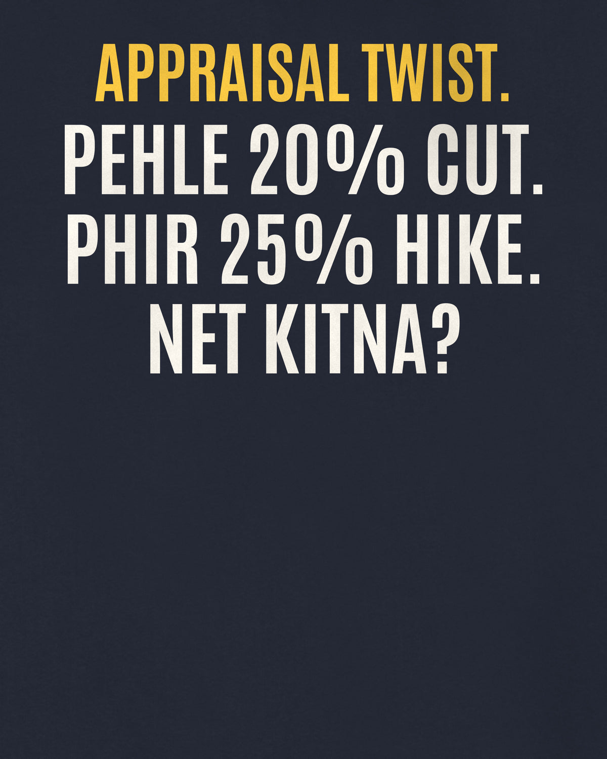Navy Blue oversized hoodie, close-up of the back puzzle print: Salary pe 20% cut, phir 25% hike. Net change?