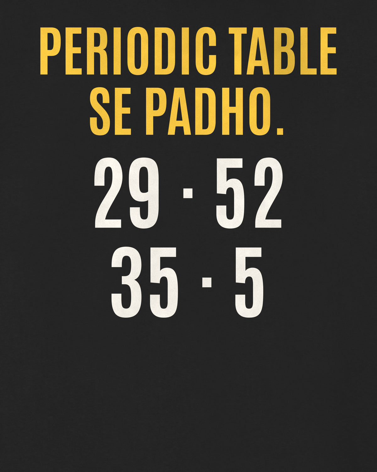 Black oversized hoodie, close-up of the back puzzle print: Atomic numbers padho: 29·52 / 35·5