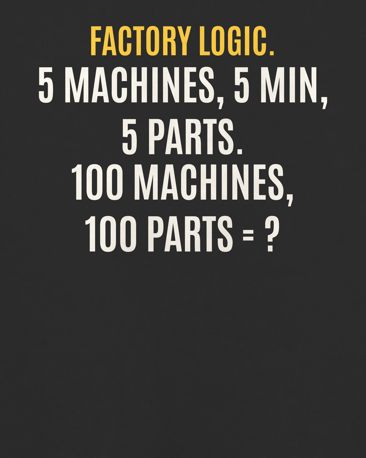 Black oversized t-shirt, close-up of the back puzzle print: 5 machines, 5 min, 5 parts. 100 machines, 100 parts: kitna time?