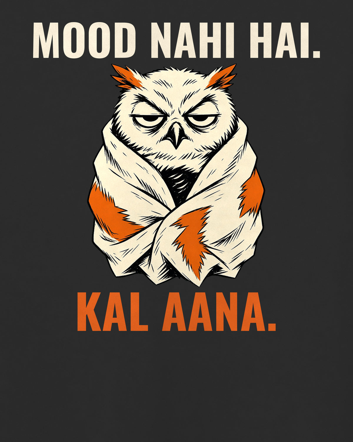 Black oversized t-shirt, close-up of the MOOD NAHI HAI. KAL AANA. caricature artwork