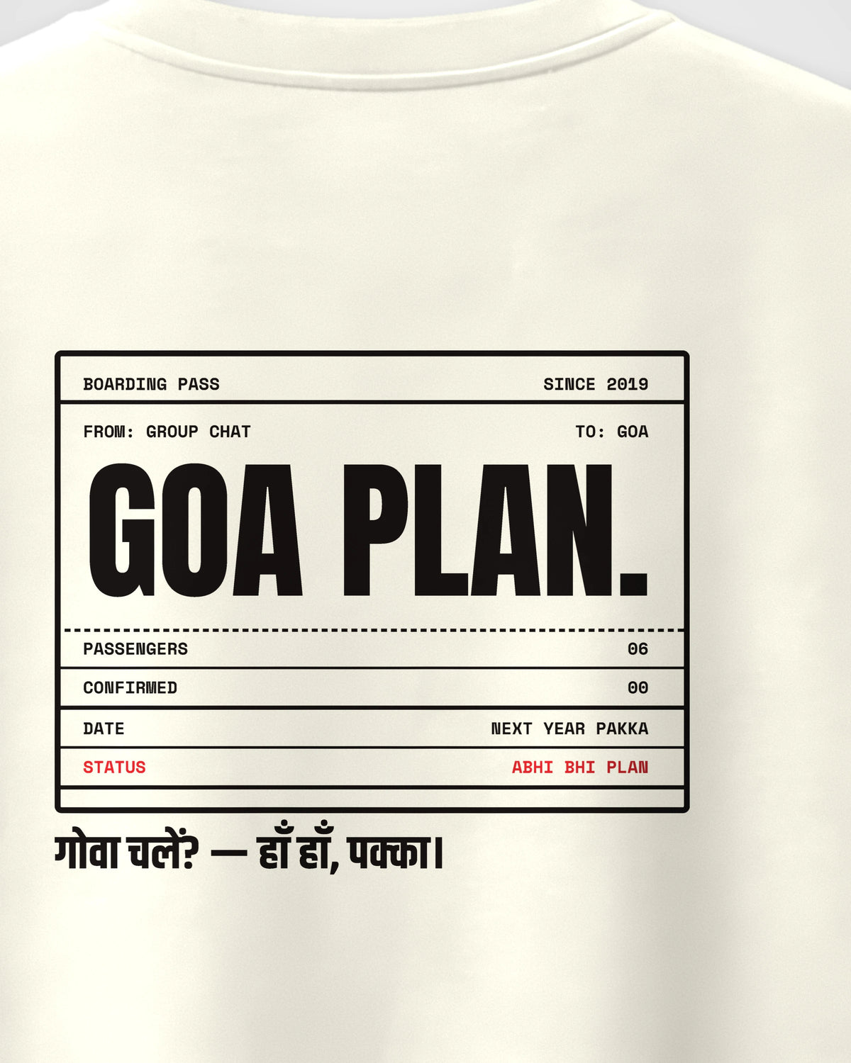 Off White Oversized T-Shirt – Goa Plan Boarding Pass Back Print – Unisex, close-up