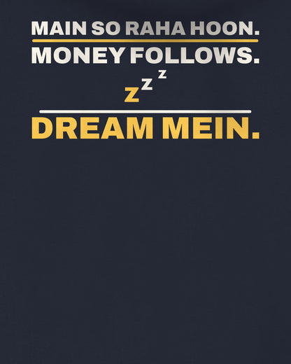 Navy Blue oversized hoodie, close-up of the back print text – digital mockup