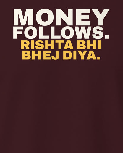Maroon regular fit tee, close-up of the back print text – digital mockup