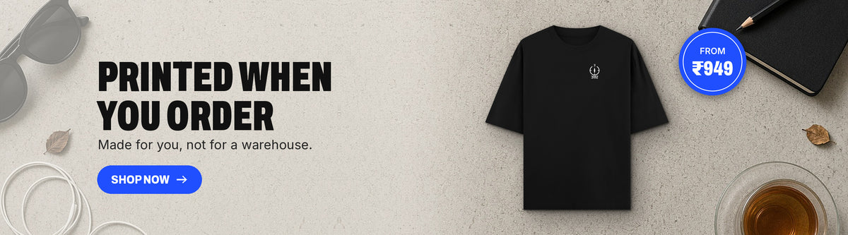 Printed when you order. Black oversized T-shirt with a small Hindi chest mark, flat on concrete. From ₹1,279. Shop now – Seyasha banner