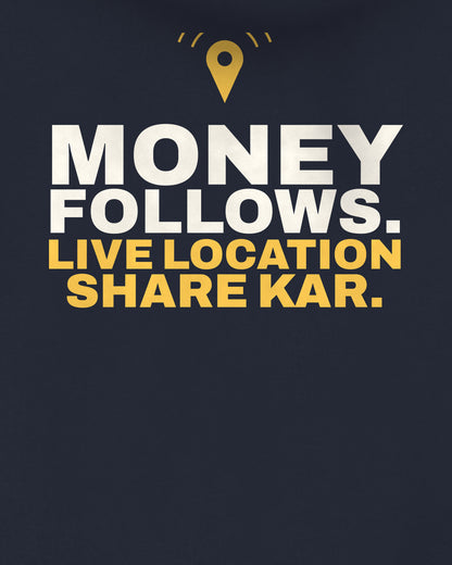 Navy Blue oversized hoodie, close-up of the back print text – digital mockup