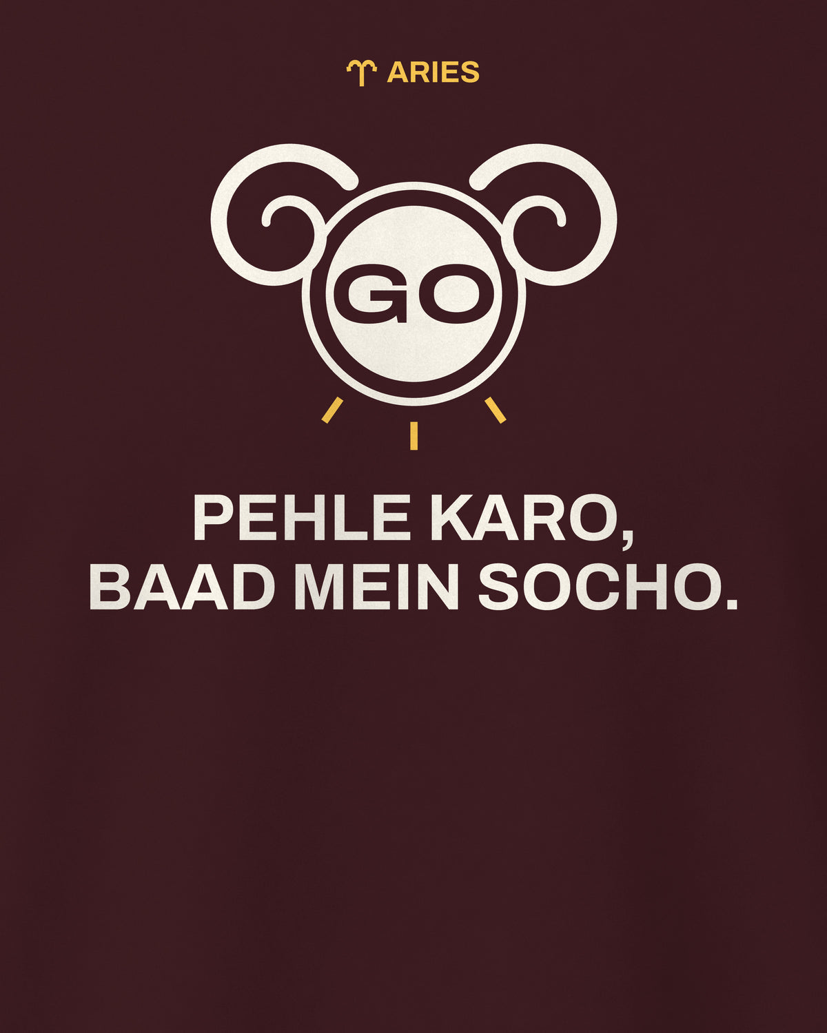 Maroon regular fit t-shirt, close-up of the Aries Zodiac Go Button back print