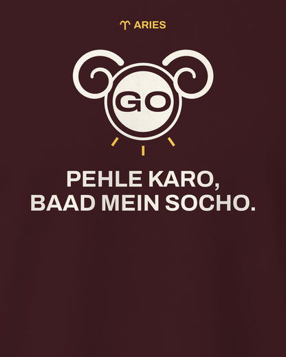 Maroon regular fit t-shirt, close-up of the Aries Zodiac Go Button back print