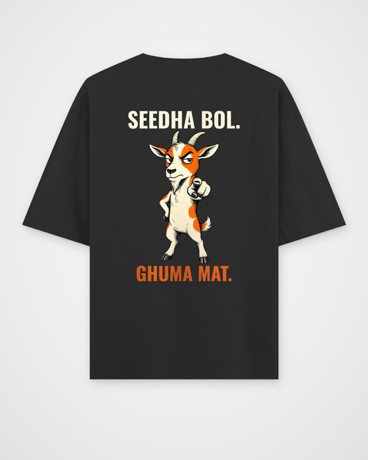 Black oversized t-shirt, full back view with the SEEDHA BOL. GHUMA MAT. caricature print