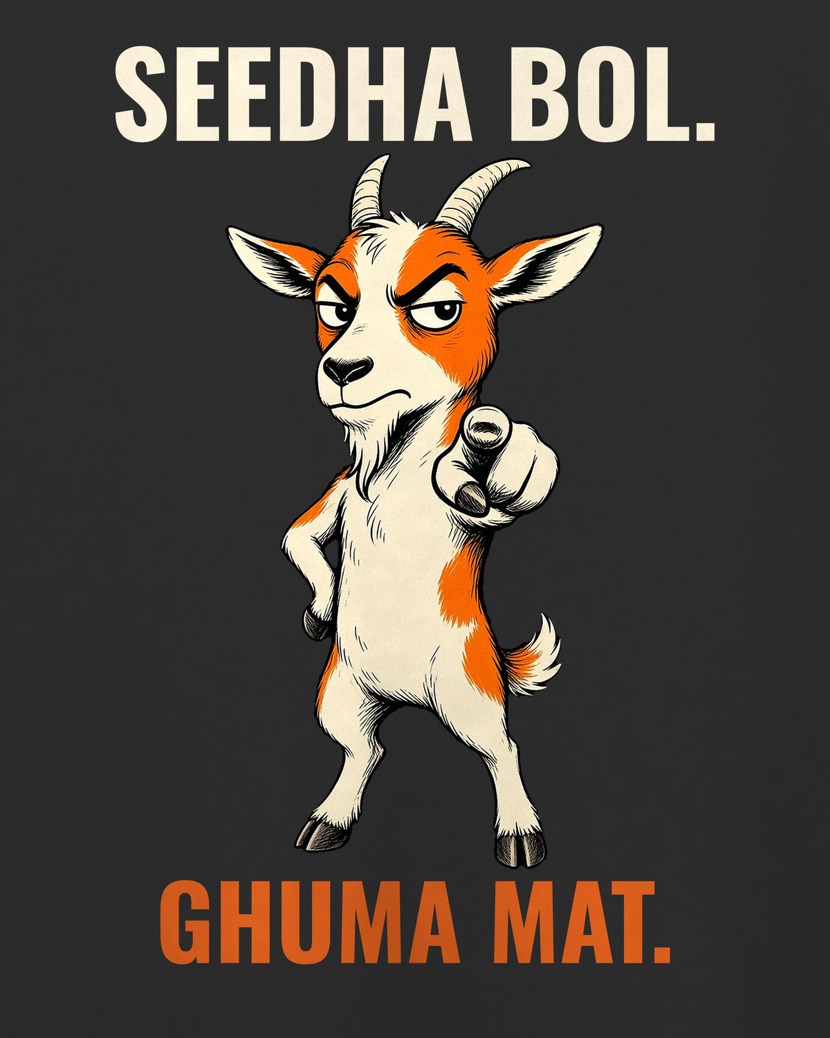 Black oversized t-shirt, close-up of the SEEDHA BOL. GHUMA MAT. caricature artwork