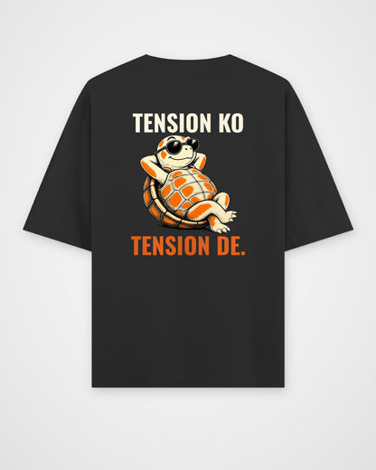 Black oversized t-shirt, full back view with the TENSION KO TENSION DE. caricature print