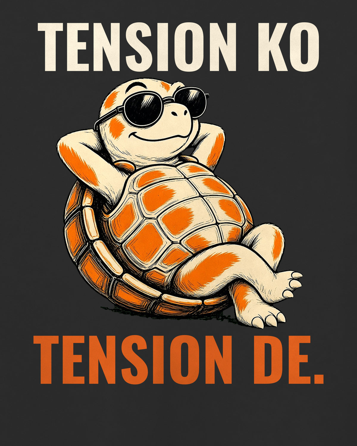 Black oversized t-shirt, close-up of the TENSION KO TENSION DE. caricature artwork