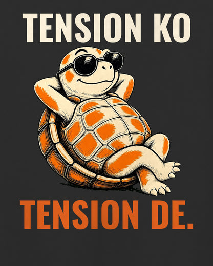 Black oversized t-shirt, close-up of the TENSION KO TENSION DE. caricature artwork