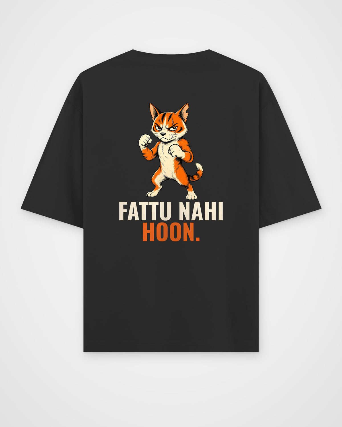 Black oversized t-shirt, full back view with the FATTU NAHI HOON. caricature print