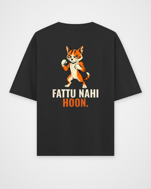 Black oversized t-shirt, full back view with the FATTU NAHI HOON. caricature print
