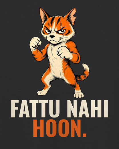 Black oversized t-shirt, close-up of the FATTU NAHI HOON. caricature artwork