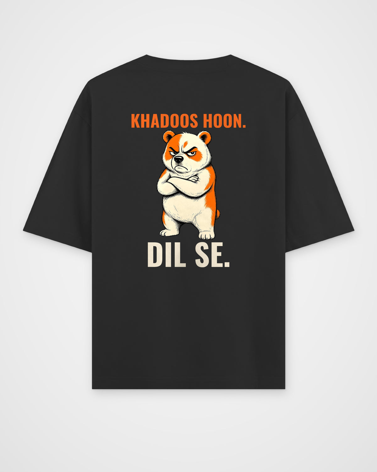 Black oversized t-shirt, full back view with the KHADOOS HOON. DIL SE. caricature print