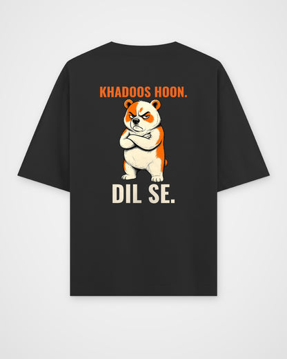 Black oversized t-shirt, full back view with the KHADOOS HOON. DIL SE. caricature print