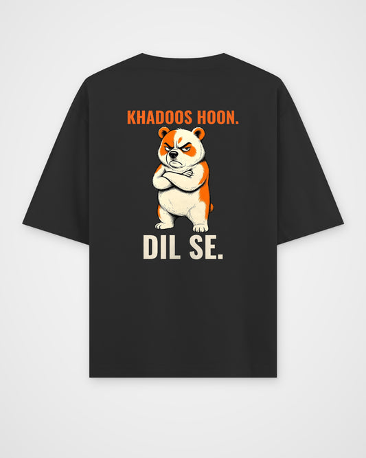 Black oversized t-shirt, full back view with the KHADOOS HOON. DIL SE. caricature print