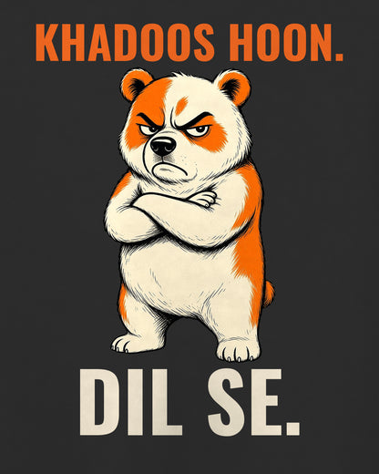 Black oversized t-shirt, close-up of the KHADOOS HOON. DIL SE. caricature artwork