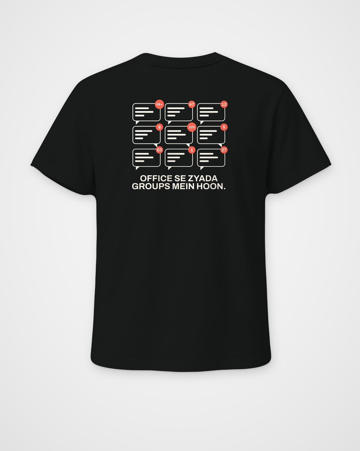 Black regular fit t-shirt, back view, with chat bubbles with unread counts and Office se zyada groups mein hoon