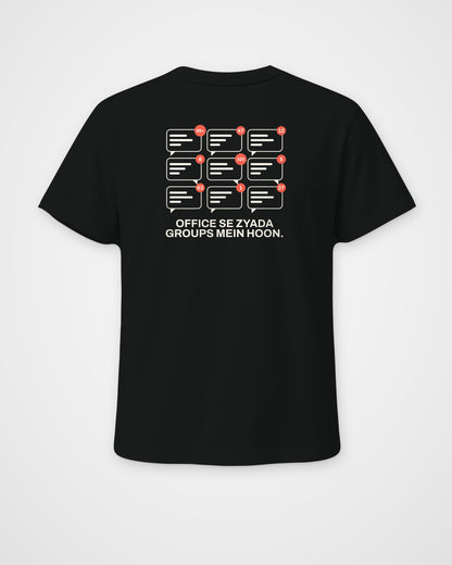 Black regular fit t-shirt, back view, with chat bubbles with unread counts and Office se zyada groups mein hoon