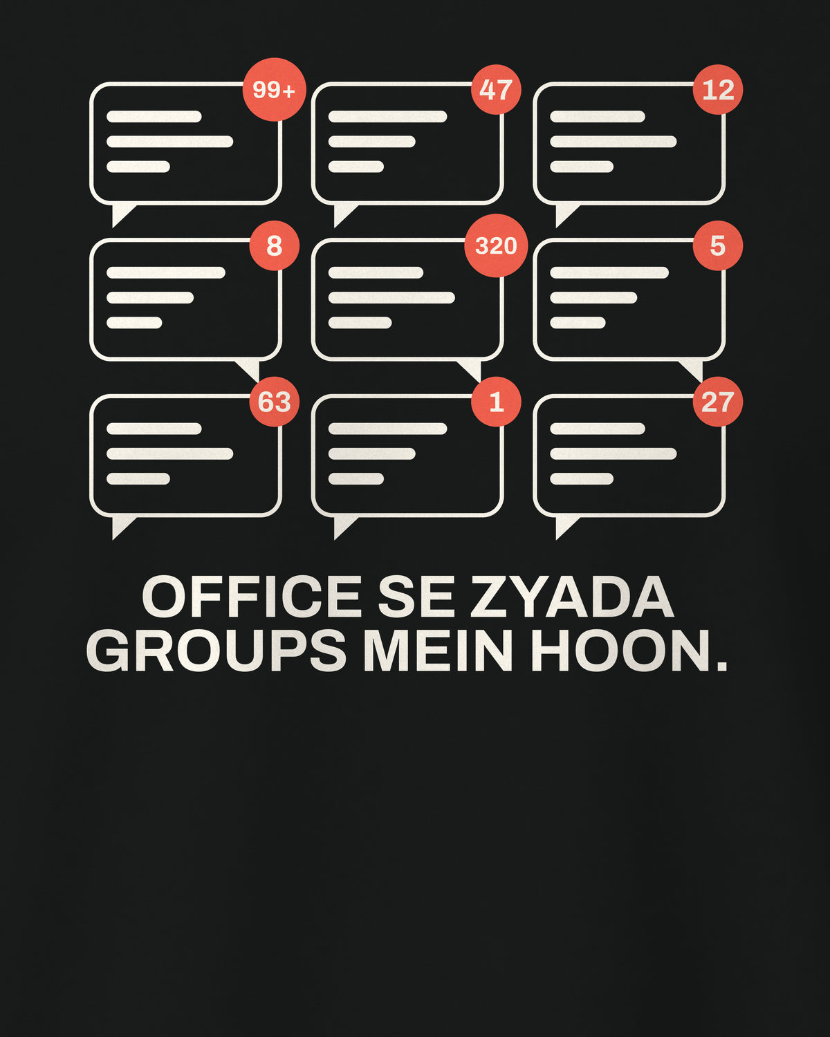Black regular fit t-shirt, close-up of the Office Group Chats back print