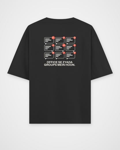 Black oversized t-shirt, back view, with chat bubbles with unread counts and Office se zyada groups mein hoon