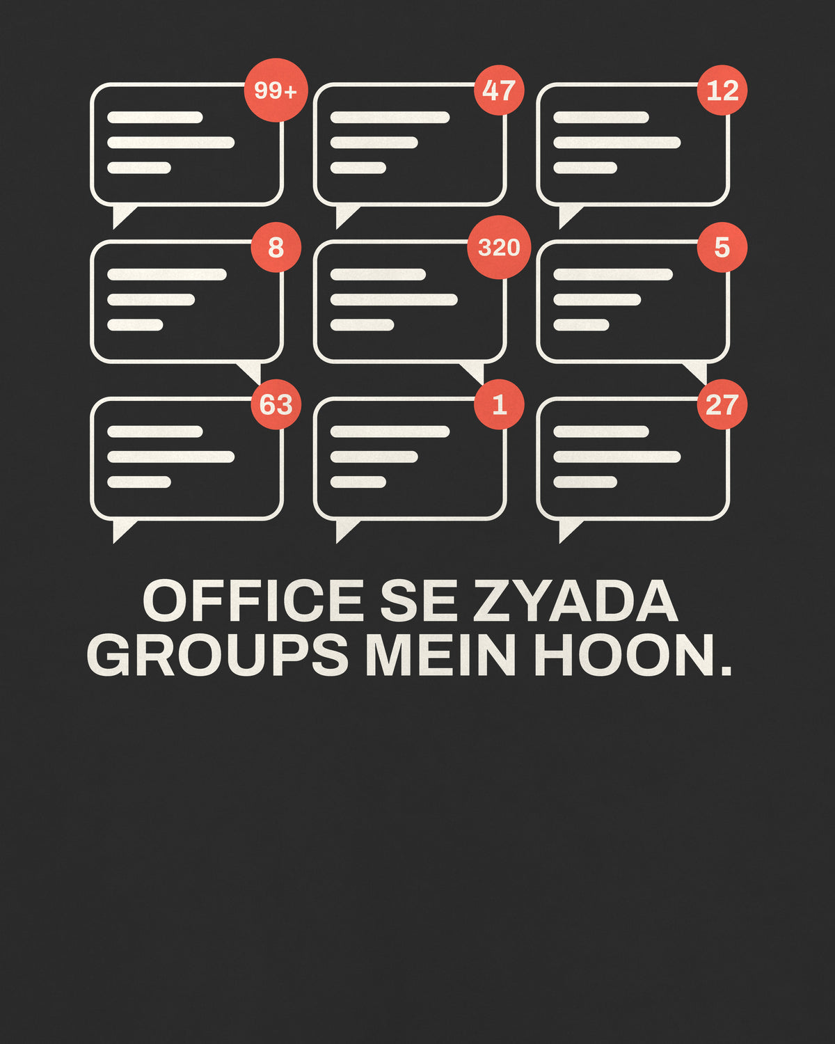 Black oversized t-shirt, close-up of the Office Group Chats back print