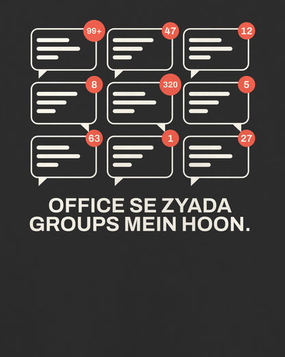 Black oversized t-shirt, close-up of the Office Group Chats back print