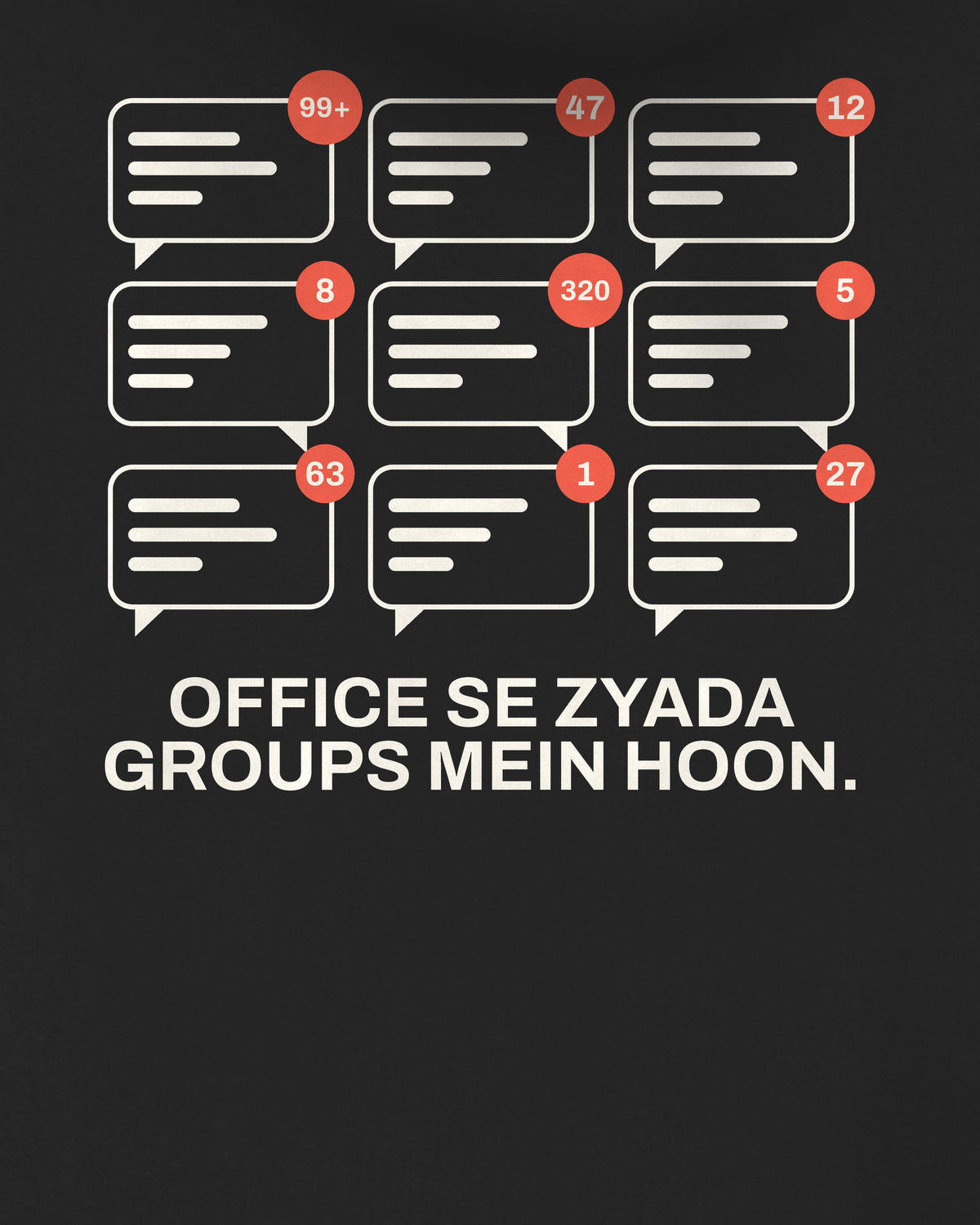 Black oversized hoodie, close-up of the Office Group Chats back print