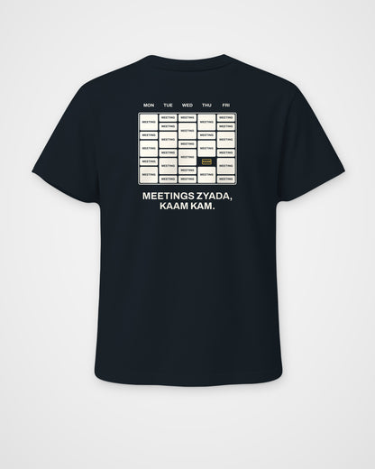 Navy blue regular fit t-shirt, back view, with a week calendar full of meetings and Meetings zyada, kaam kam