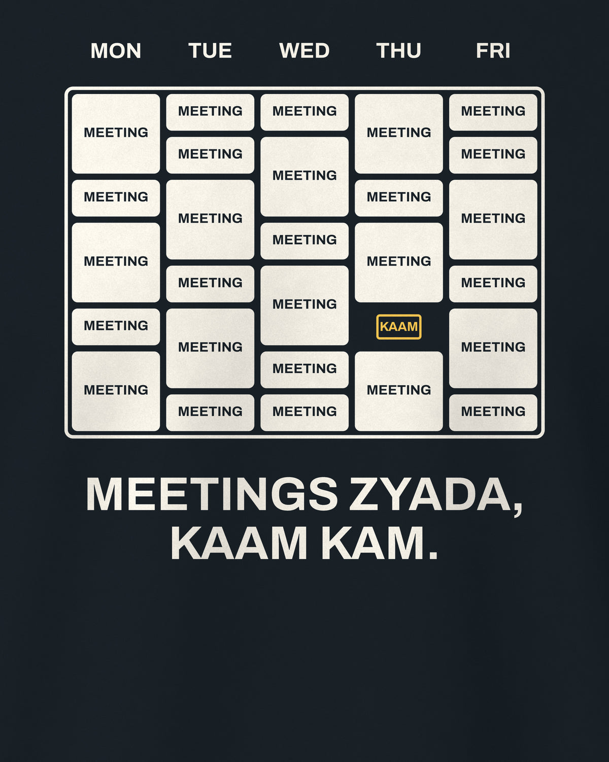 Navy blue regular fit t-shirt, close-up of the Meetings Calendar Office back print