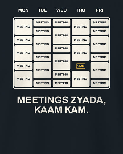 Navy blue regular fit t-shirt, close-up of the Meetings Calendar Office back print