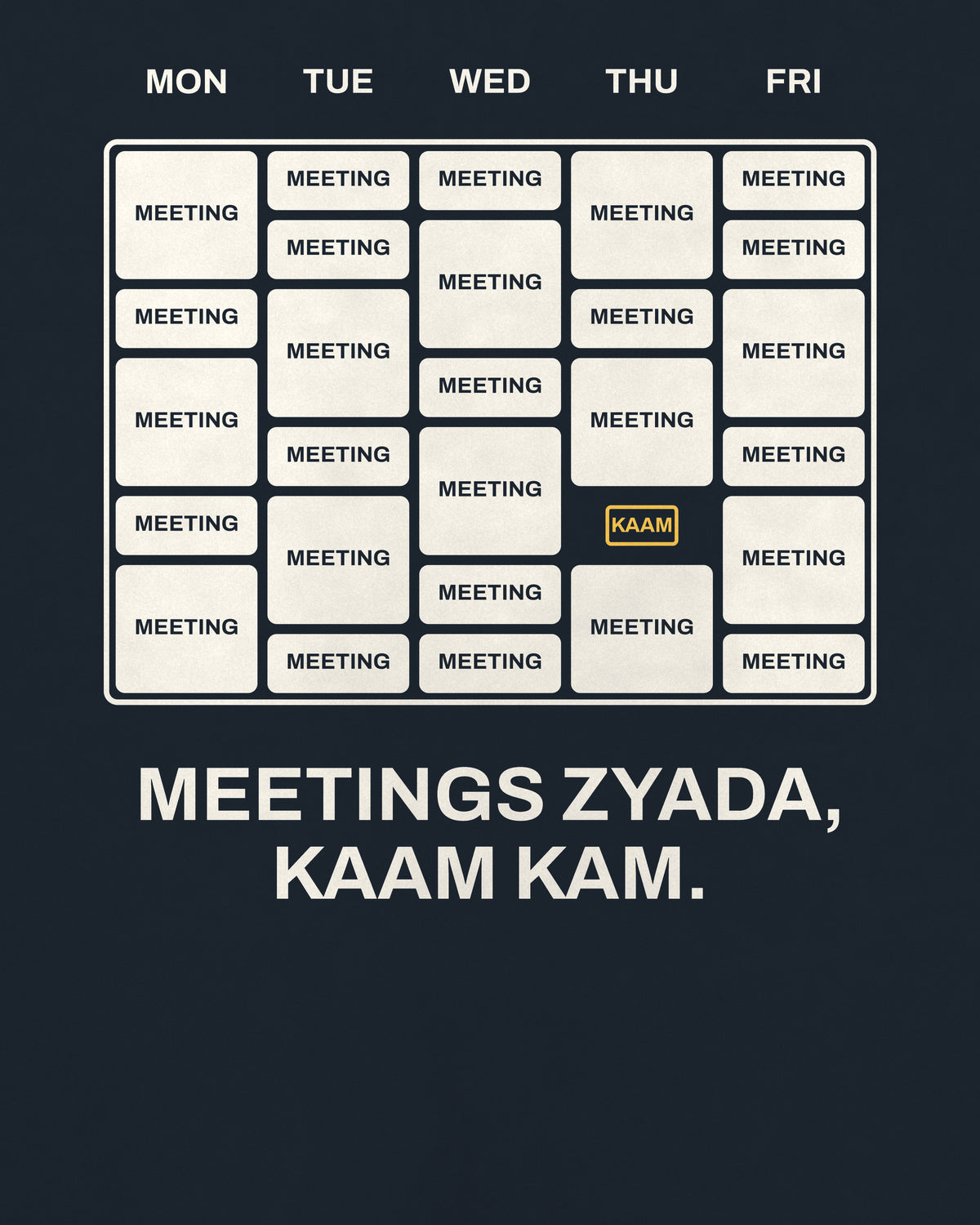Navy blue oversized t-shirt, close-up of the Meetings Calendar Office back print