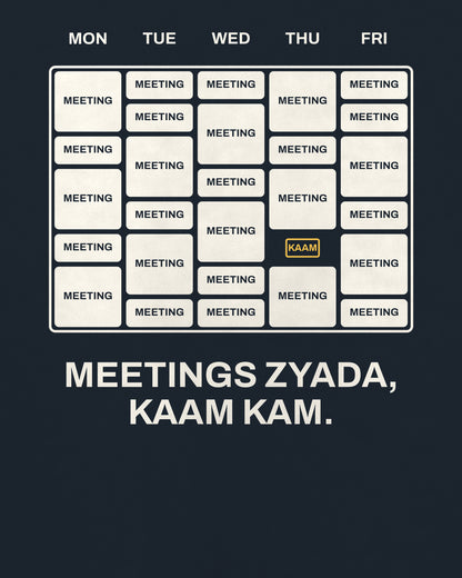 Navy blue oversized t-shirt, close-up of the Meetings Calendar Office back print
