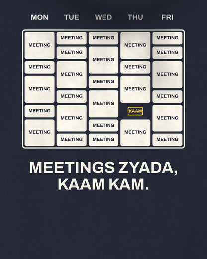 Navy blue oversized hoodie, close-up of the Meetings Calendar Office back print