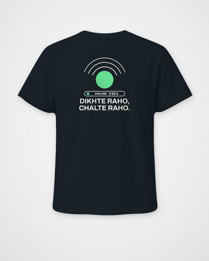 Navy blue regular fit t-shirt, back view, with a green online dot with signal waves, an ONLINE 9 SE 9 – digital mockup