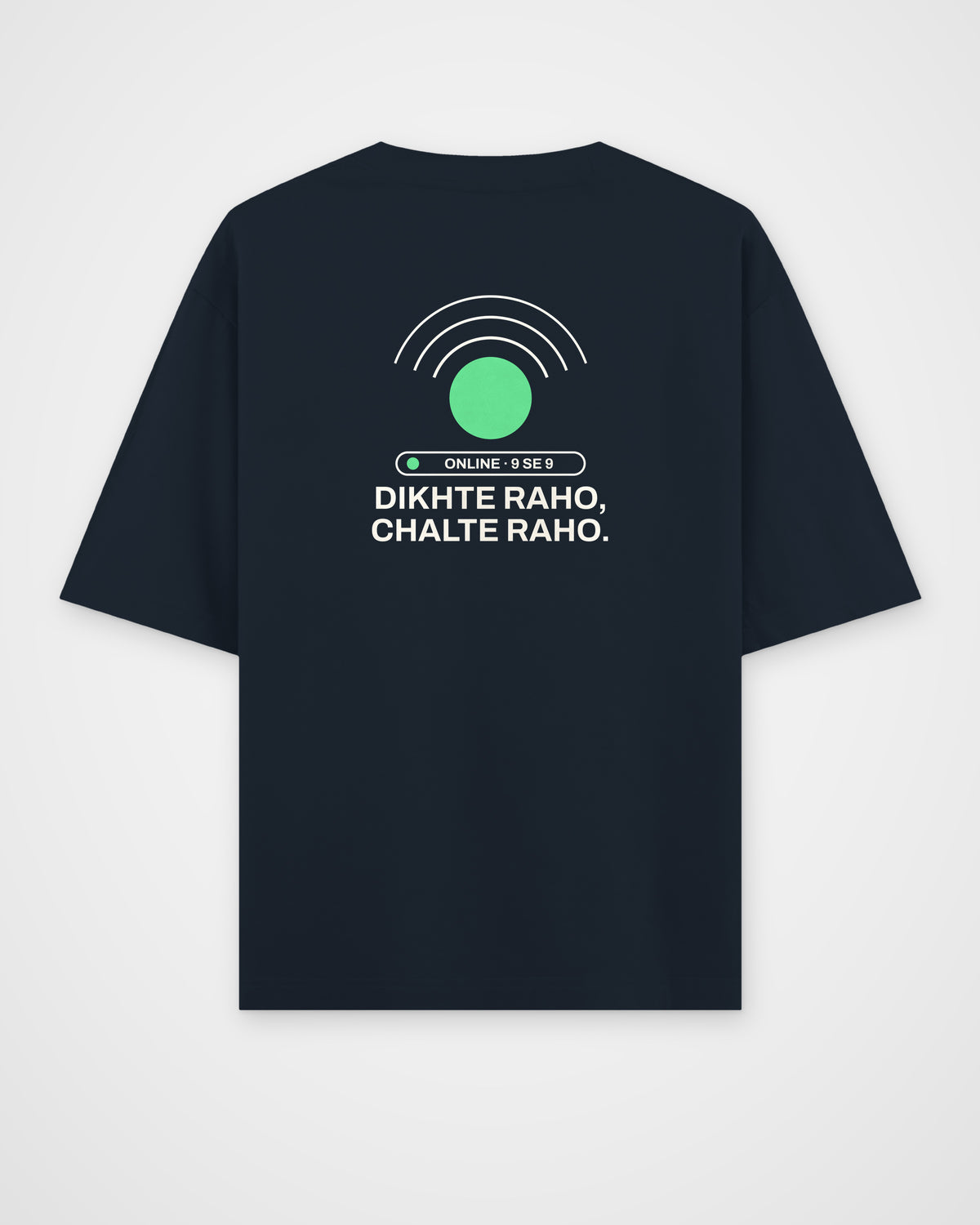 Navy blue oversized t-shirt, back view, with a green online dot with signal waves, an ONLINE 9 SE 9 status – digital mockup