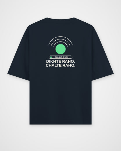 Navy blue oversized t-shirt, back view, with a green online dot with signal waves, an ONLINE 9 SE 9 status – digital mockup
