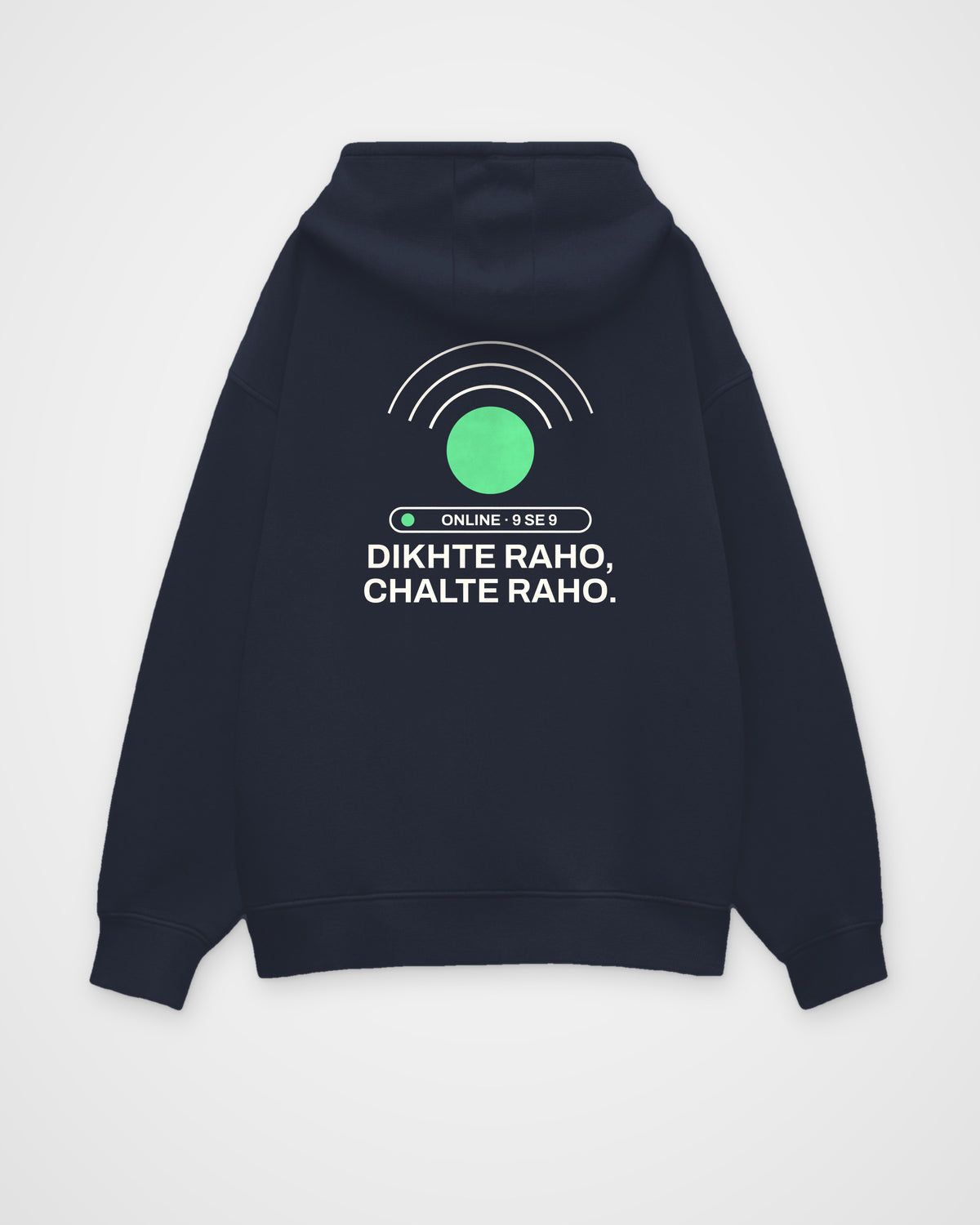 Navy blue oversized hoodie, back view, with a green online dot with signal waves, an ONLINE 9 SE 9 status – digital mockup